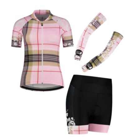 Canary Hill Tartan combo.  Koersbroek en fietstrui aan voordelige setprijs.  Schotse ruit design in fris roze en camel.