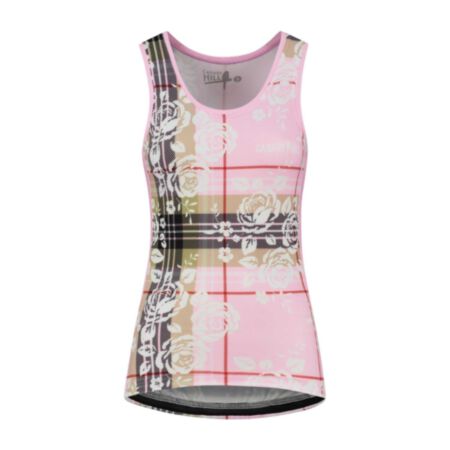 Canary Hill Tartan sleeveless cycling top.  Tartan pattern in soft pink and camel covered with flowers.