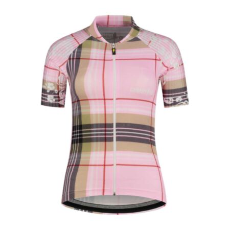 Canary Hill Tartan cycling jersey with tartan pattern in soft pink and camel