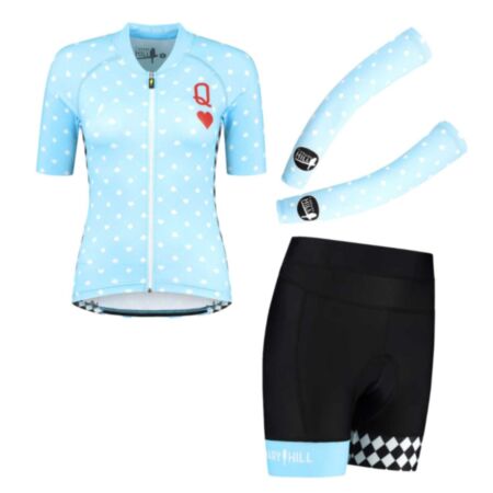 Combo of the Queen of Hearts cycling jersey and shorts